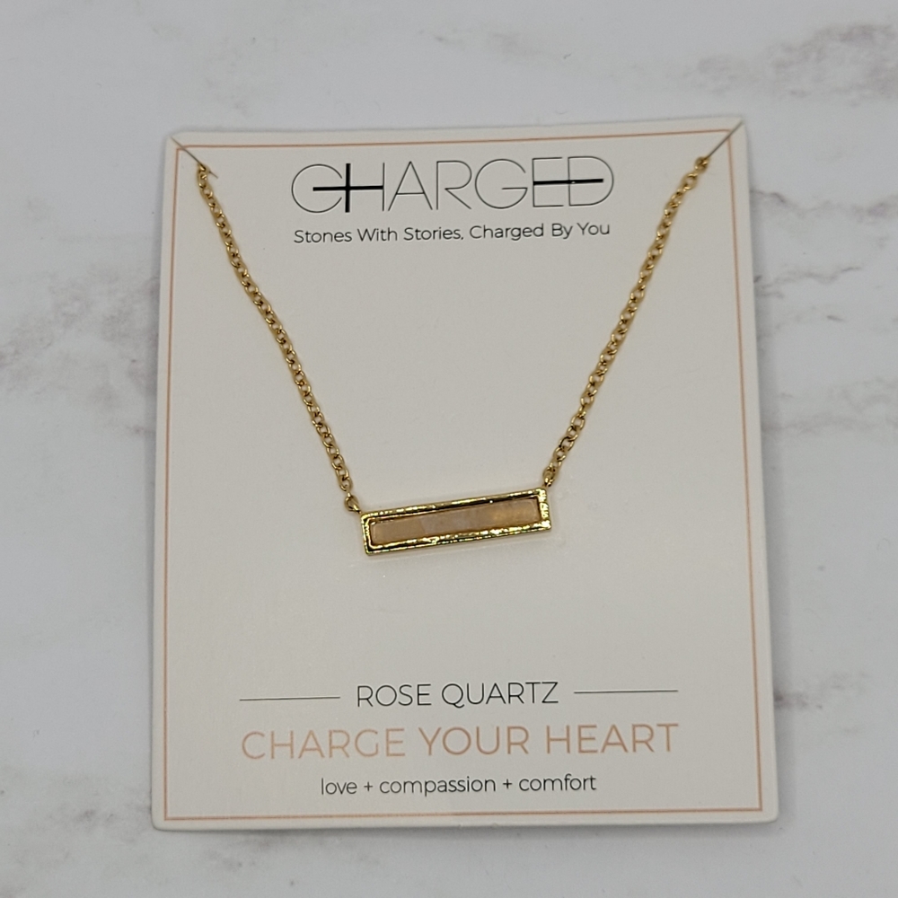 Charged Jewelry Rose Quartz Bar Necklace